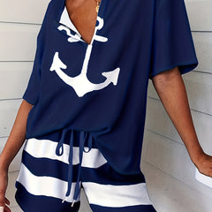 Striped Print Lounge Set V Neck Short Sleeve Top & Lace Up Shorts