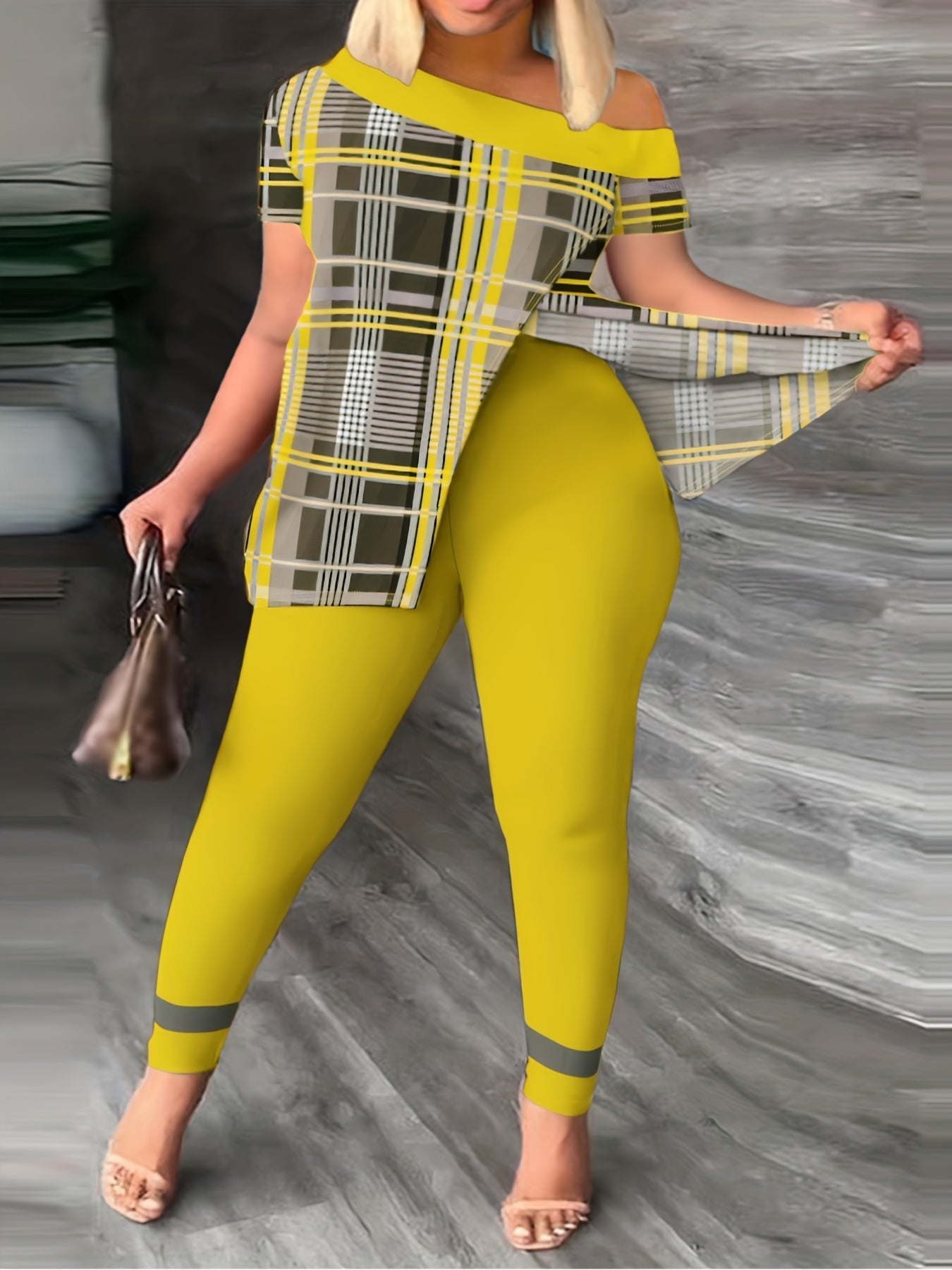 Plaid Print One Shoulder Top & Leggings Set