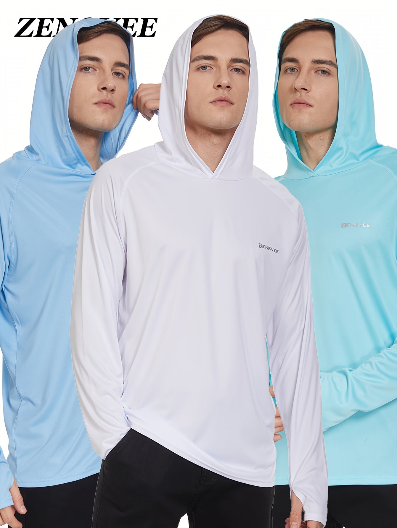 3 Pcs Men's UPF 50 Sun Protection Hoodie Long Sleeve Quick Dry Tops