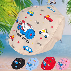 Unisex Striped Duck Tongue Hat with Car Embroidery for Boy