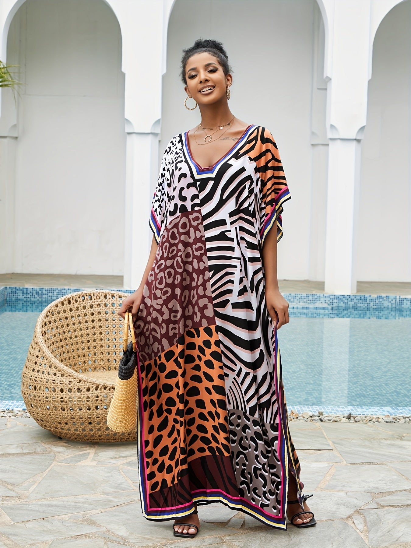 Boho Cover Up Women's Plus Leopard Print V Neck Split Dress