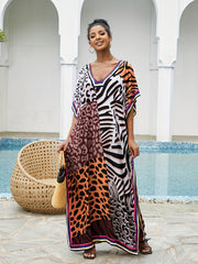 Boho Cover Up Women's Plus Leopard Print V Neck Split Dress