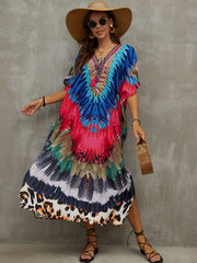 Feather Leopard Print Plus Size Boho Cover Up V Neck Tie Front