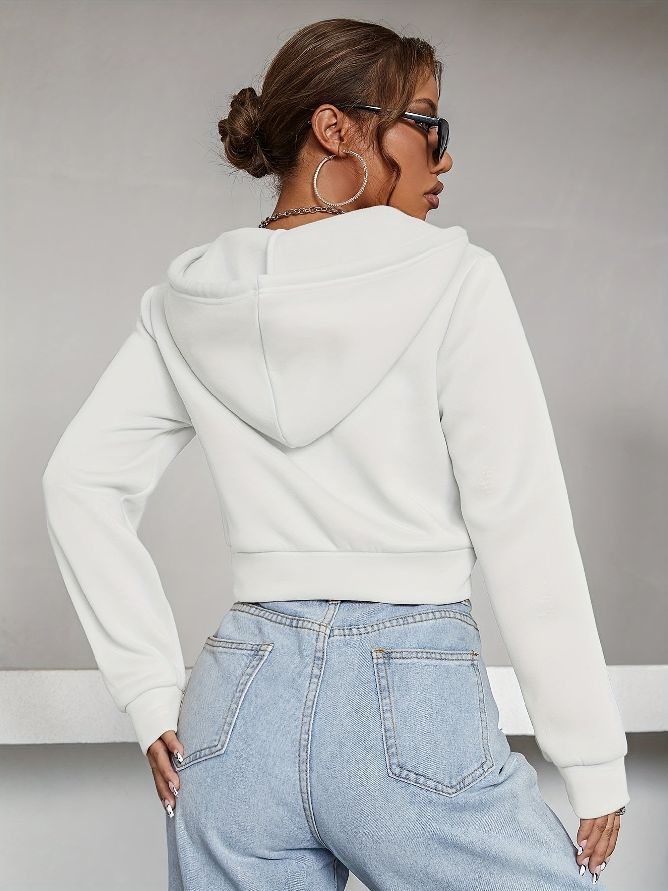 Solid Zipper Front Crop Hoodie Casual Long Sleeve Hoodies
