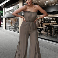 Solid Wide Leg Tube Jumpsuit Sleeveless Elastic Waist Jumpsuit