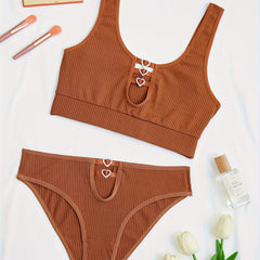 Ribbed Lingerie Set Wide Straps Bra & Heart Ring Panties