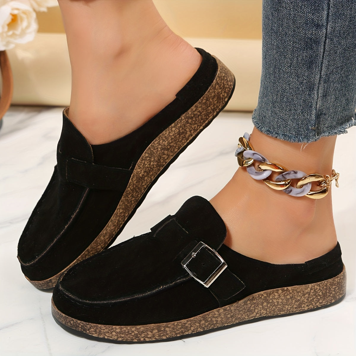 Women's Flat Cork Mules with Buckle Decor