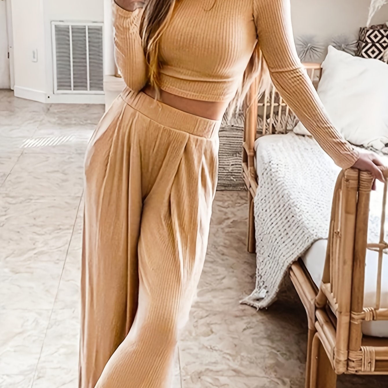 Ribbed Crop Top & Wide Leg Pants Set