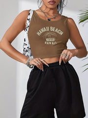 Letter Print Crop Tank Top Sleeveless Summer Casual Crew Neck Women's Top