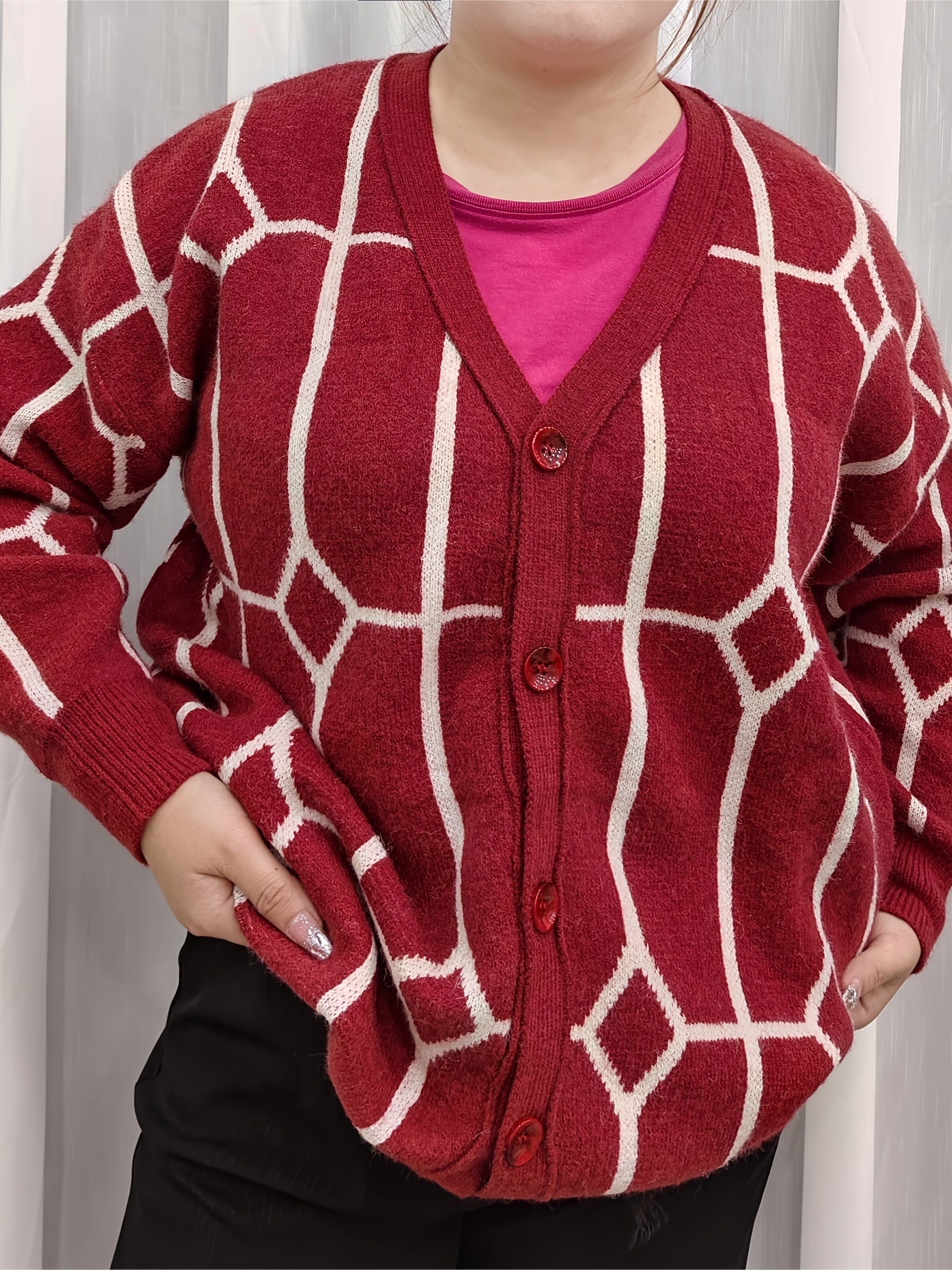 Geo Pattern Long Sleeve Knitted Cardigan