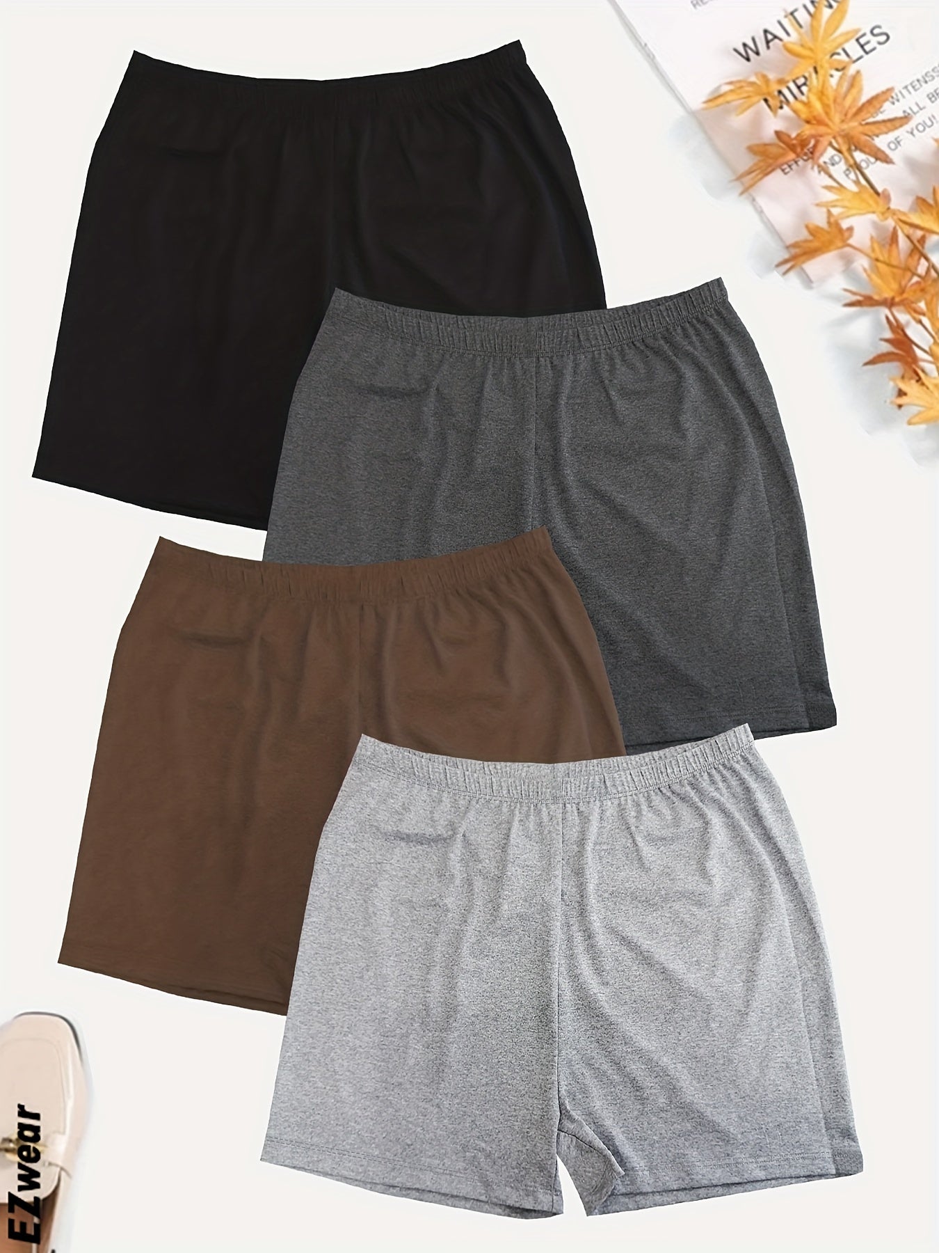 4 Pack Plus Size Sports Shorts Set Women's Plus Solid High Rise Shorts