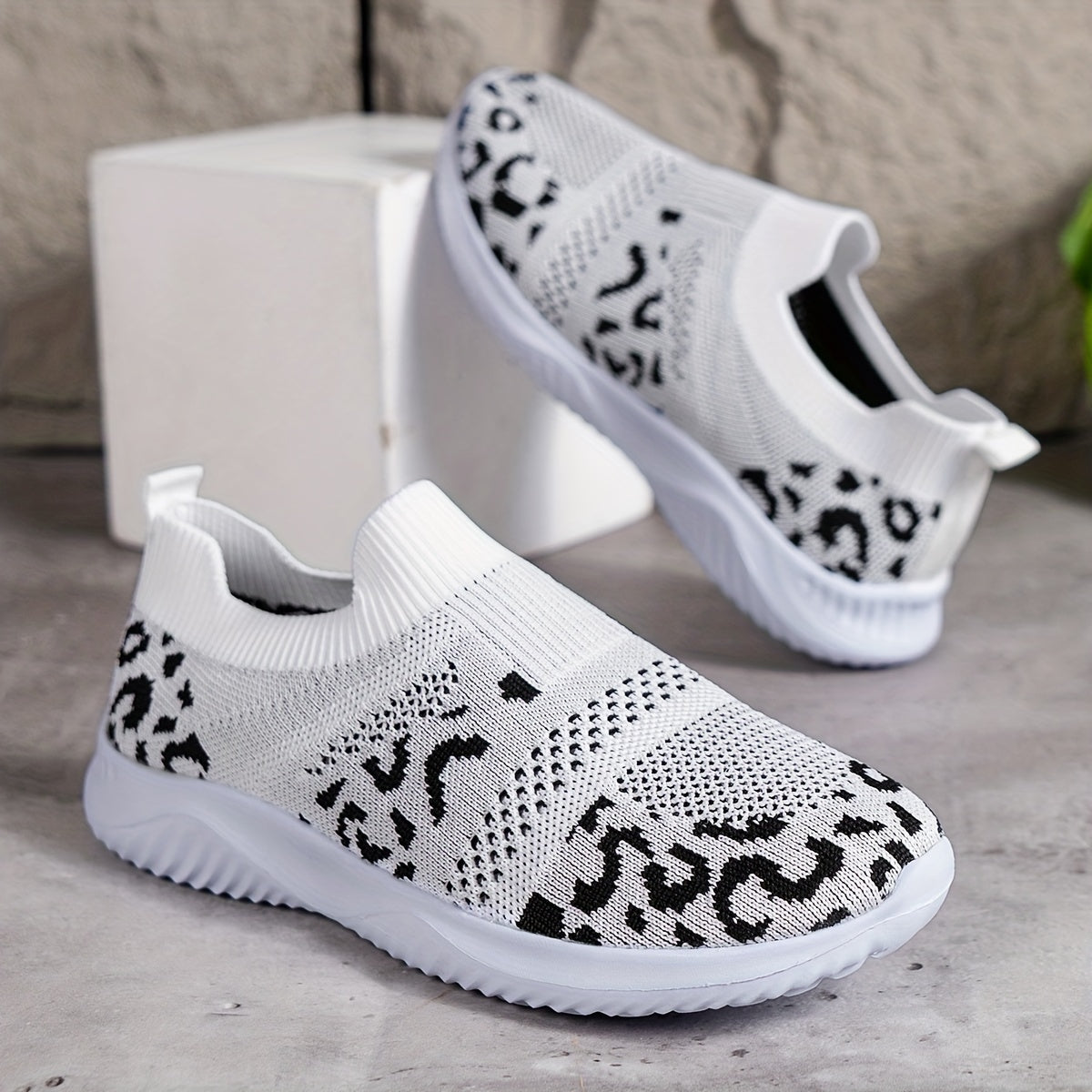 Leopard Print Slip on Walking Shoes Soft Sole Knit Casual Sneakers