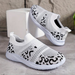 Leopard Print Slip on Walking Shoes Soft Sole Knit Casual Sneakers