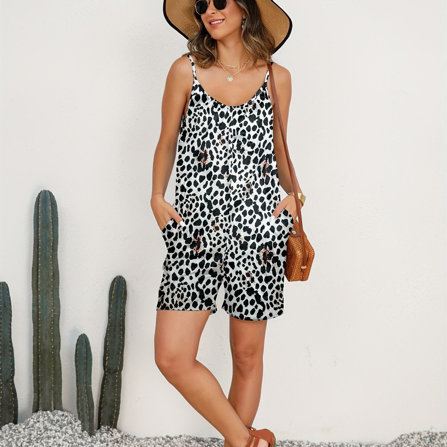 Dalmatian Print Strap Romper Jumpsuit Sleeveless Dual Pockets Women's Clothing