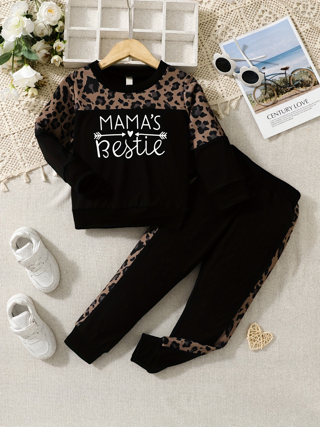 Girls Leopard Patchwork Sweatshirt Pants Set