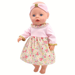 43 Doll Pink Floral Dress with Golden Trim Bodysuit Set