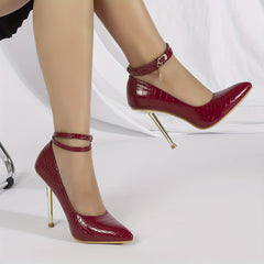 Sexy Ankle Strap Metallic Stilettos Patent Leather Dress Pumps