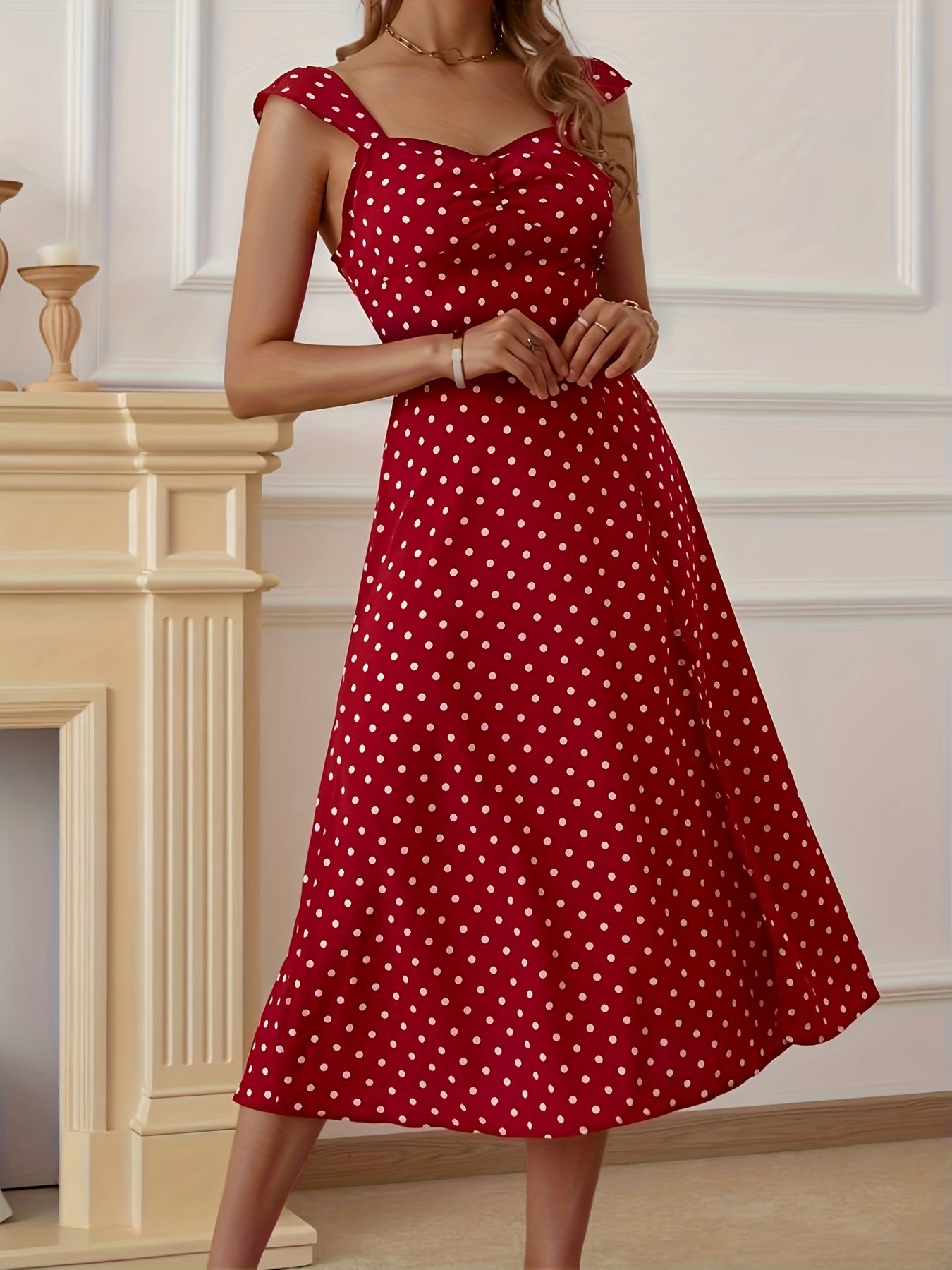 Polka Dot Split Thigh Dress Ruched Thick Strap Sexy Women's Clothing