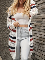 Striped Print Open Front Cardigan Beach Wear Long Sleeve Crochet Cardigan