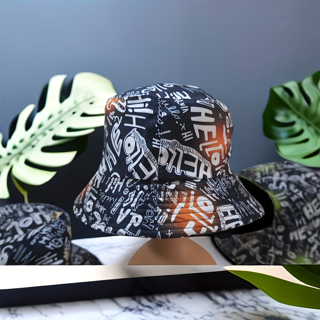 HELLO Letter Print Fisherman Hat Double-sided Casual Bucket Hat