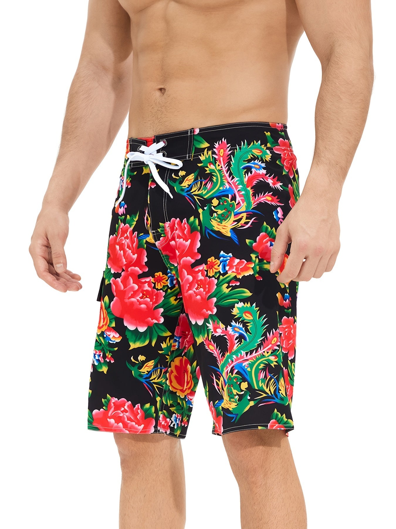 Flower Pattern Men's Swim Trunks Quick Dry Drawstring Beach Shorts