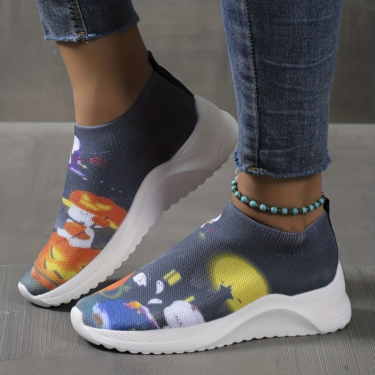 Women's Ghost Face Pumpkin Knitted Slip On Sneakers