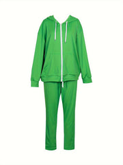 Sporty Outfit Set Women Solid Long Sleeve Zipper Front