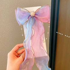 Colorful Ribbon Bow Hair Clips with Faux Pearl Tassel - Party Hair Accessories
