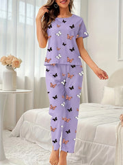 Butterfly Print Pajama Set Short Sleeve Crew Neck Top & Elastic Waistband Pants
