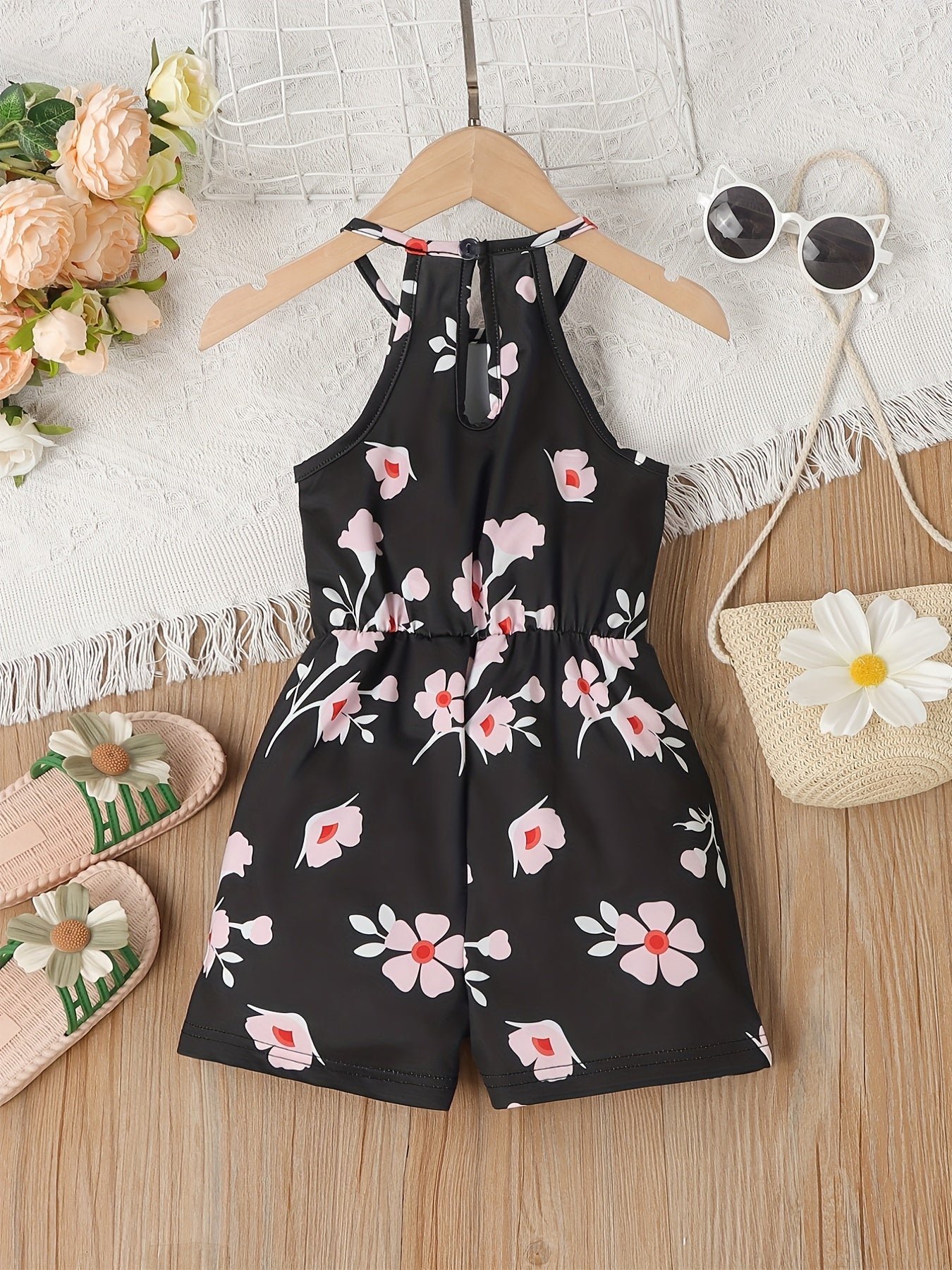Girls Flower Print Casual Halter Neck Sleeveless Rompers