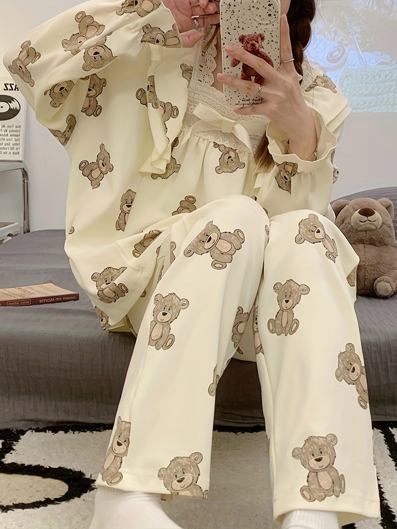 Bear Print Pajama Set Long Sleeve Top & Pants Women's Sleepwear