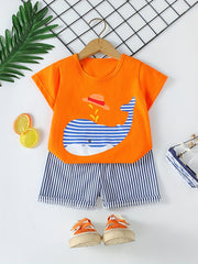 Boys Cartoon Whale Casual Outfit Round Neck T shirt & Striped Shorts