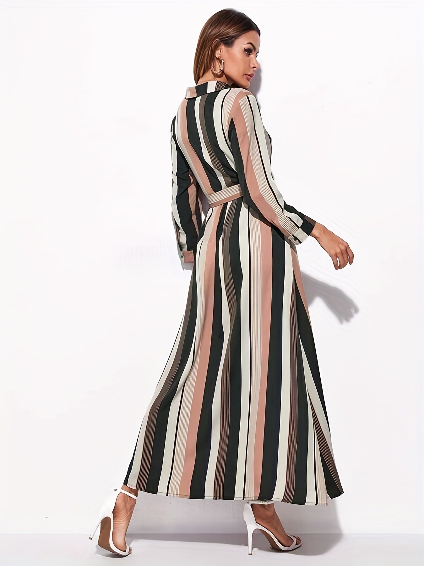 Striped Print Long Sleeve Shirt Dress