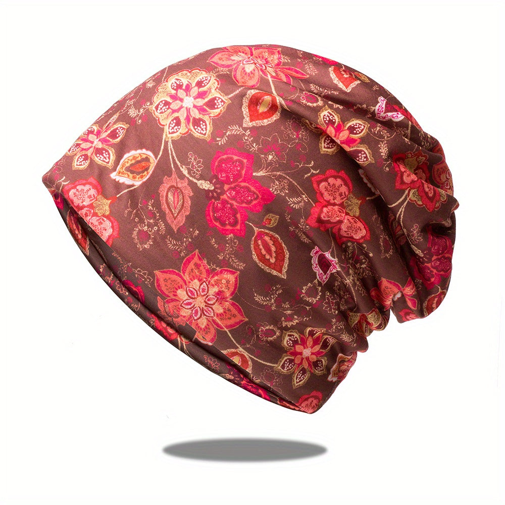 Flower Print Casual Beanie Vintage Boho Skull Cap Soft Neck Gaiter