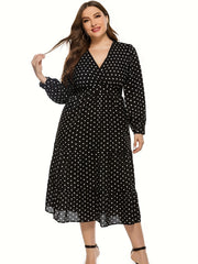 Dot Print Surplice Neck Midi Dress