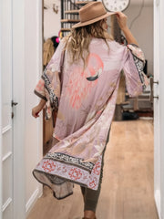 Tribal Pattern Long Robe Contrast Trim Kimono Cover Up