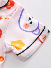 Girls Bear Graphic Pajama Set V neck Button Short Sleeve Top & Shorts