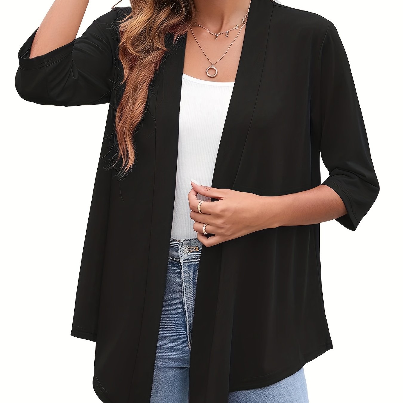 Solid Open Front Draped Cardigan 3/4 Sleeve Casual Cardigan