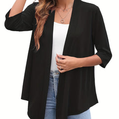 Solid Open Front Draped Cardigan 3/4 Sleeve Casual Cardigan