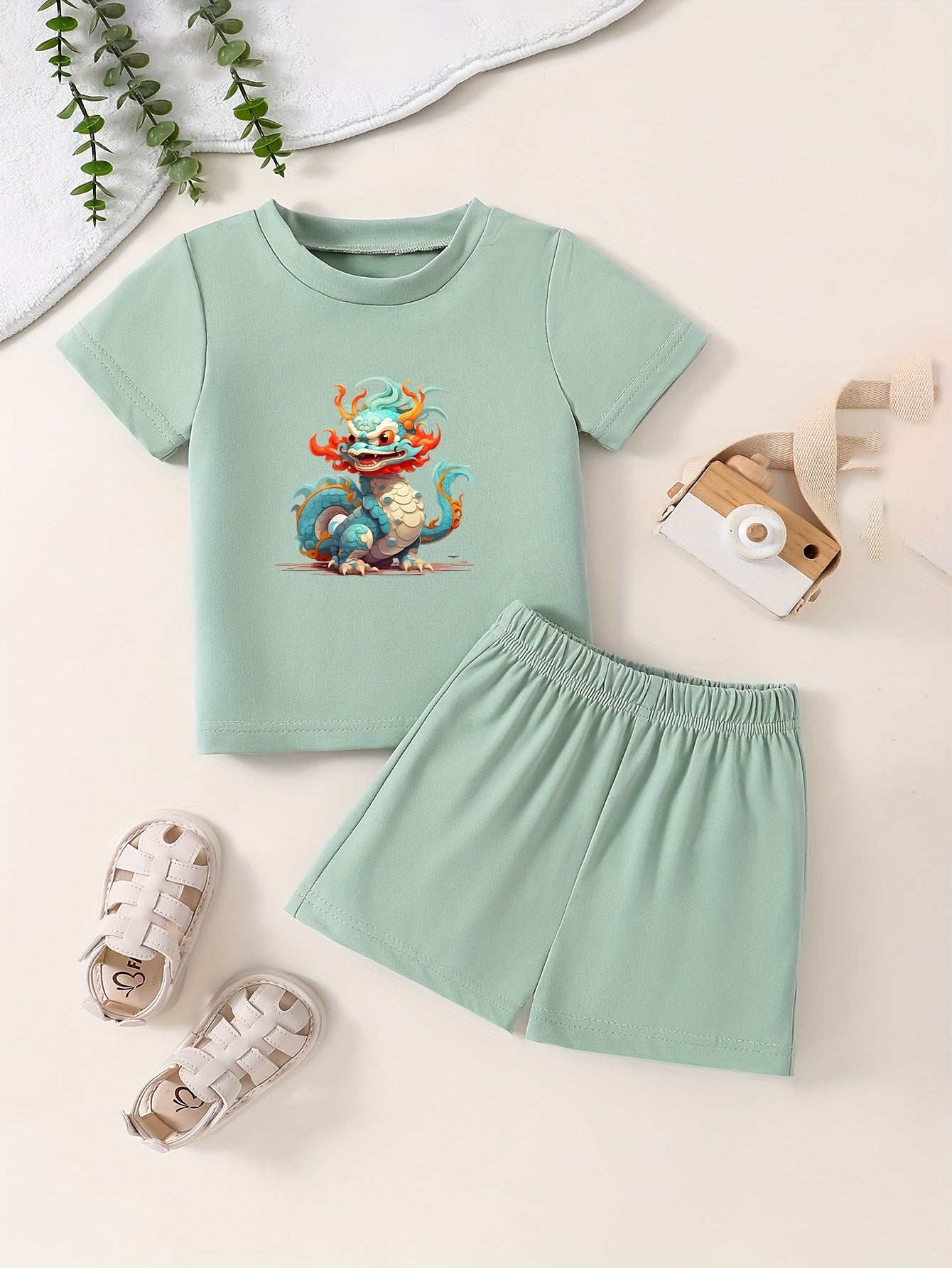 Toddler Cartoon Pattern 2pcs Set Short Sleeve T shirt & Matching Shorts