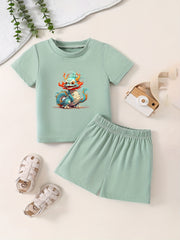 Toddler Cartoon Pattern 2pcs Set Short Sleeve T shirt & Matching Shorts