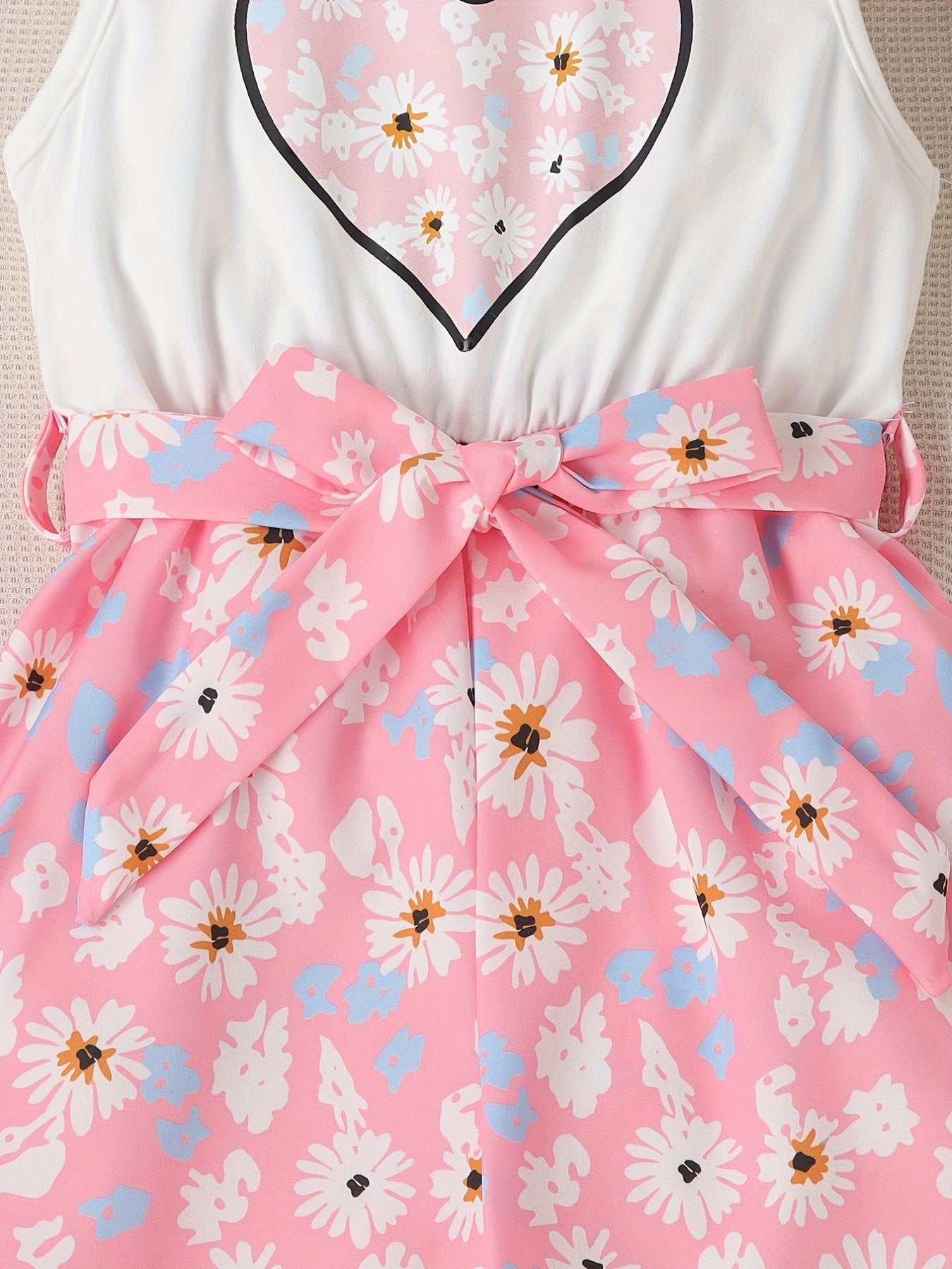 Girls Floral Heart Pattern Belted Jumpsuit Kids Casual Summer Outfit