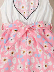 Girls Floral Heart Pattern Belted Jumpsuit Kids Casual Summer Outfit