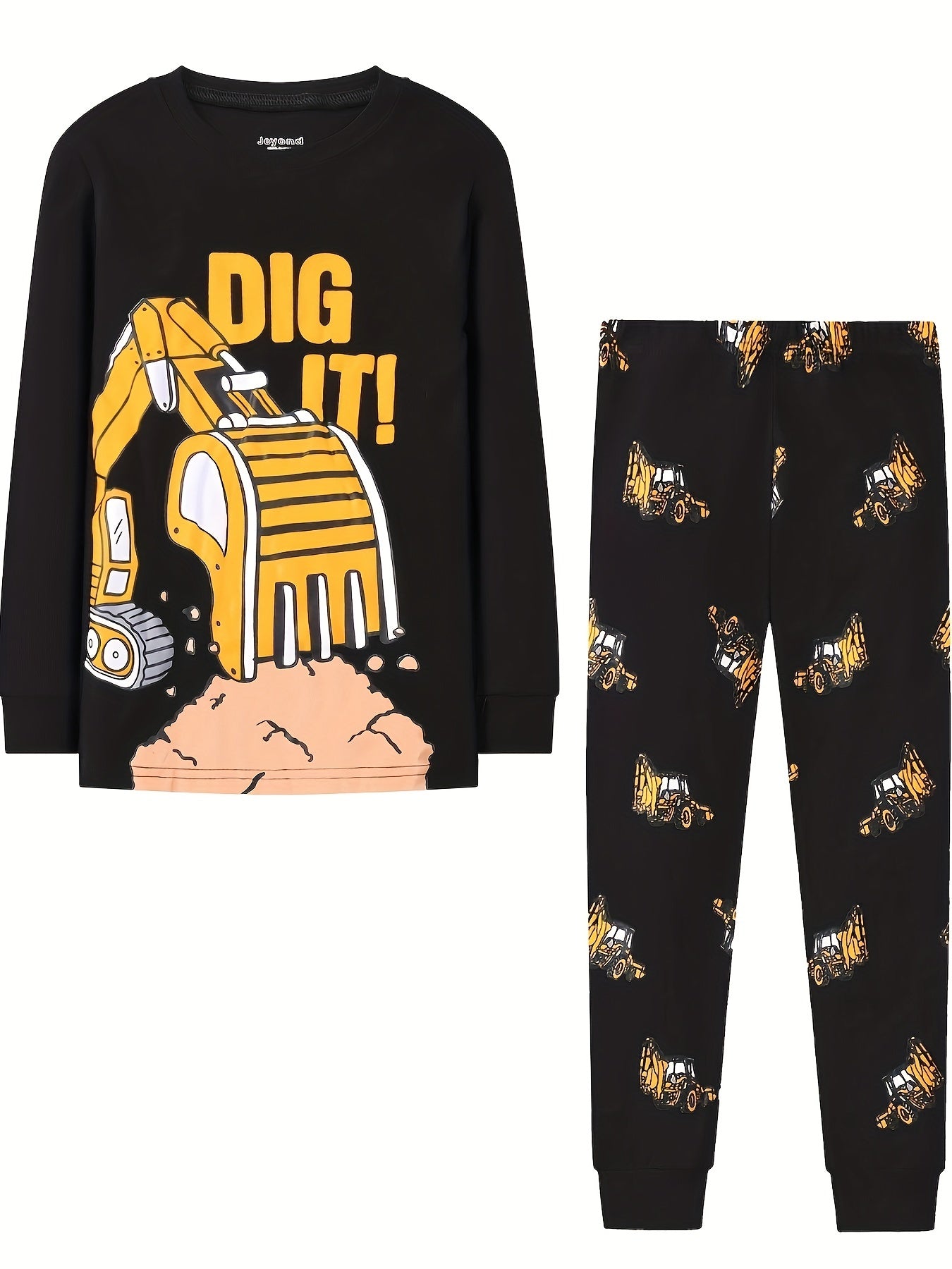 Kid's Excavator Pattern Pajama Set Long Sleeve Top & Pants