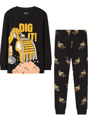 Kid's Excavator Pattern Pajama Set Long Sleeve Top & Pants