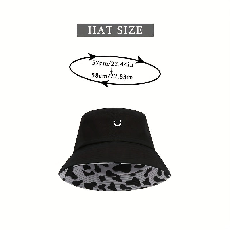 Cow Pattern Reversible Bucket Hat Smiling Face Embroidery Basin Hat