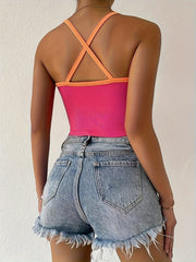Colorblock Ribbed Crop Top Criss Cross Back