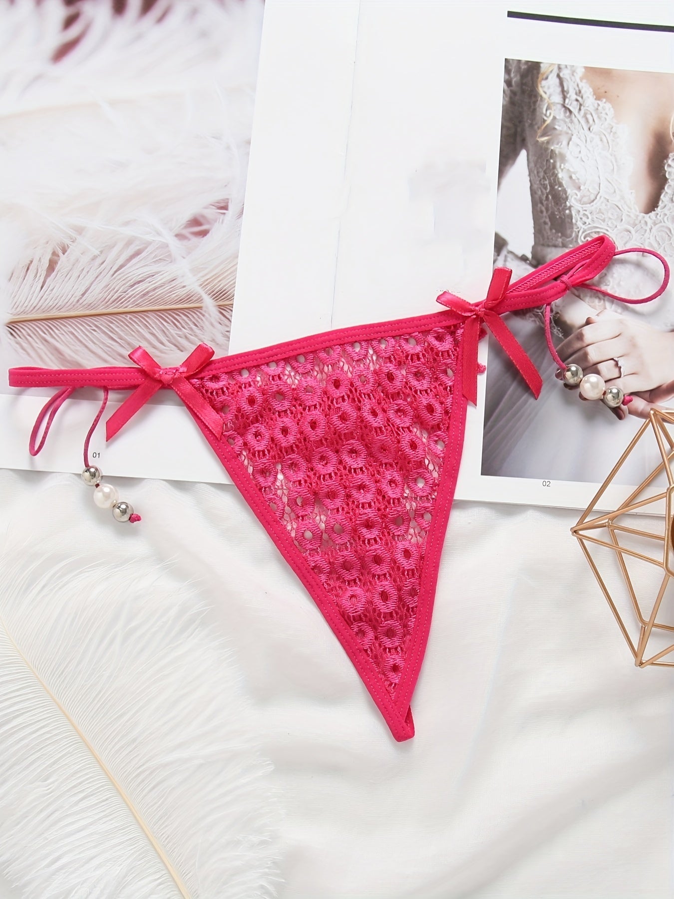 Sexy Jacquard Mesh Strappy Thongs with Pendant Decor