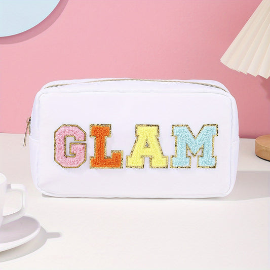 Preppy Patch Makeup Bag with Embroidered Letter