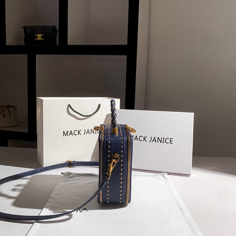 Women's Square Handbag Second Layer Leather Purse Navy